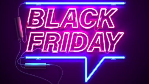 Bright signage. Neon Black Friday signboard. Retro neon sign on dark background with text Black ...