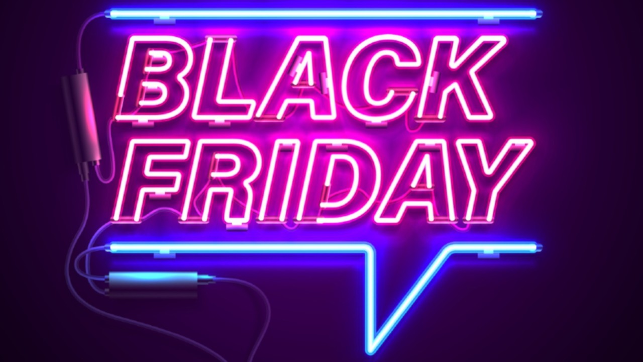 Bright signage. Neon Black Friday signboard. Retro neon sign on dark background with text Black ...