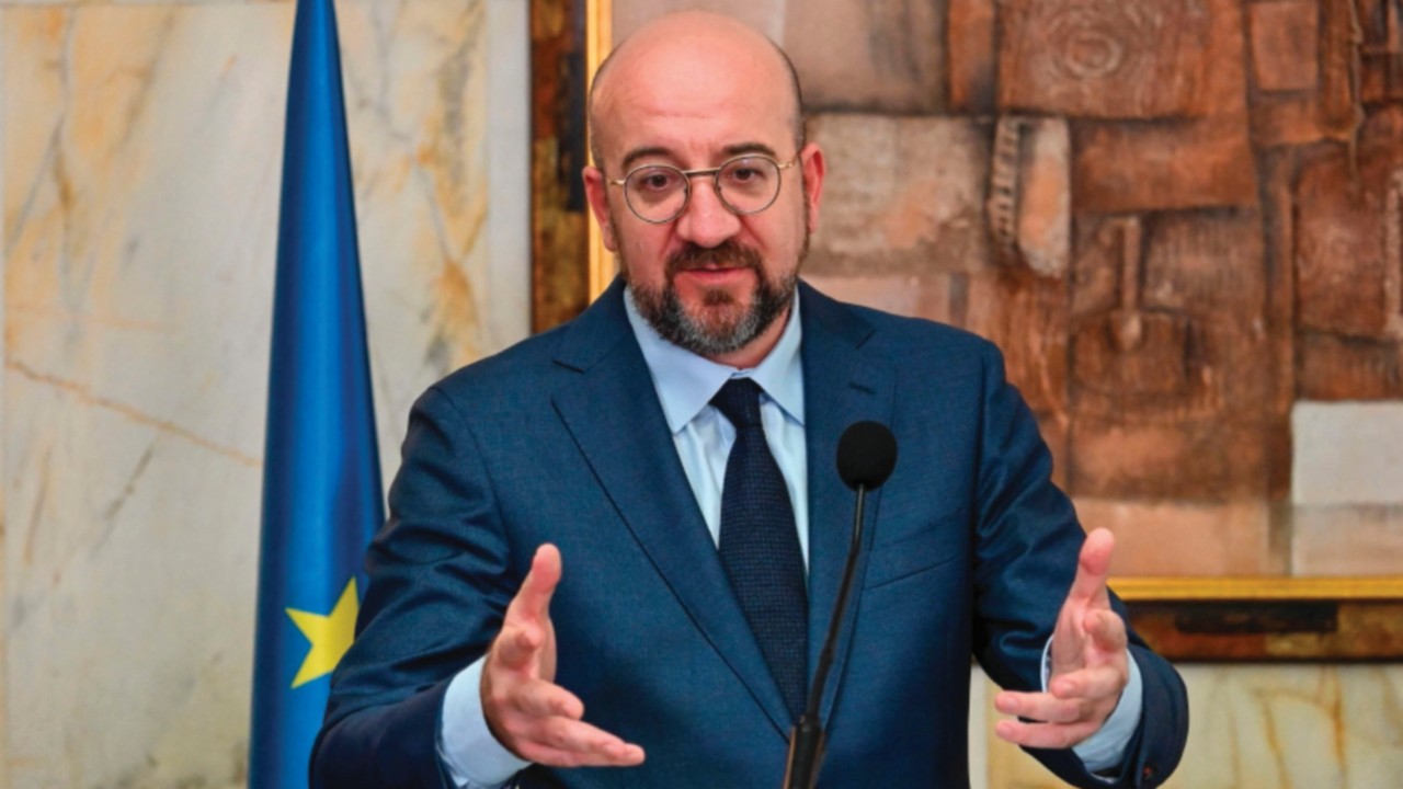 President of the European Council Charles Michel speaks during a joint press conference with Ivorian ...