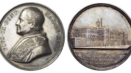 Papst Pius IX. auf einer Münze aus dem Jahr 1863. Auf der Rückseite die Tabakmanufaktur im römischen Stadtviertel Trastevere. 