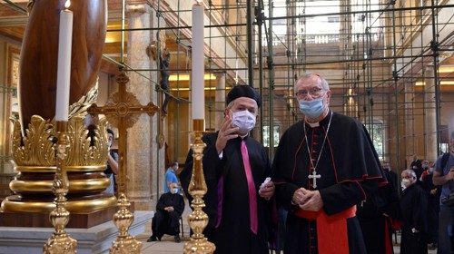 epa08644352 Vatican Secretary of State Italian Cardinal Pietro Parolin (R) visits to the Christian ...