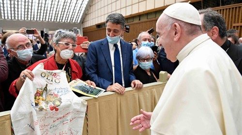 This photo taken and handout on September 12, 2020 by the Vatican Media shows Pope Francis meeting ...