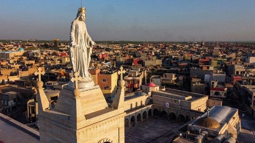 This picture taken February 24, 2021 shows an aerial view of the statue of the Virgin Mary at the ...