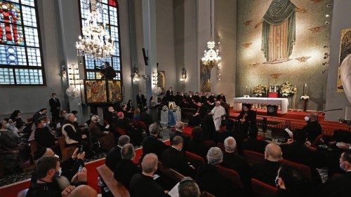 Pope Francis addresses the crowd during a meeting with priests and members of the Maronite Christian ...
