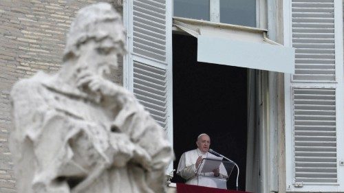 Pope Francis during his Sunday Angelus Prayer from the window of his office overlooking Saint ...