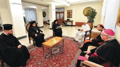 Pope Francis meets with Job Getcha, Eastern Orthodox archbishop of Telmessos, during a private ...