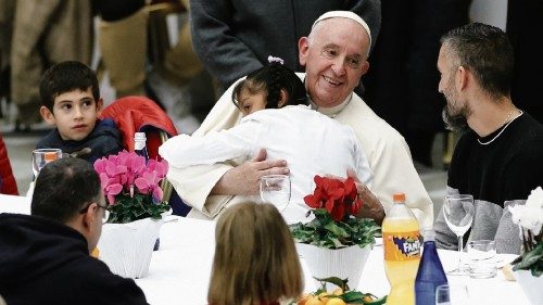 Pope Francis participates in a lunch offered by the Vatican to the poor people, on World Day of Poor ...