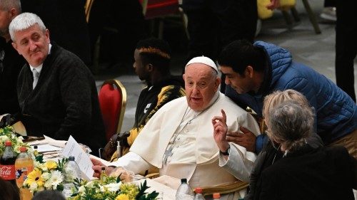 Pope Francis attends a lunch at the Paul VI hall for the World Day of the Poor in The Vatican, on ...