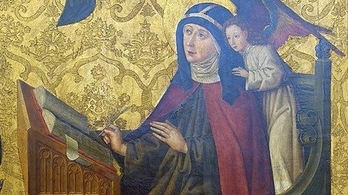 08. Santa Brigida di Svezia alla sua scrivania, epitaffio di Brigitte Topler, c. 1483. Germanisches ...