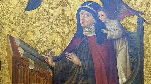 Saint Bridget of Sweden at her desk, epitaph for Brigitte Topler, 1483, detail; Germanisches Nationalmuseum, Nuremberg