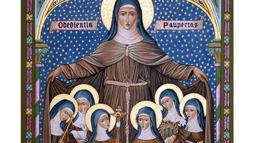 L'icône de sainte Claire et des premières saintes de l'ordre, réalisée par Mère Pierpaola Nistri, abbesse du monastère de Grottaglie (Taranto ; Italie).