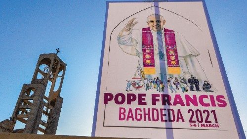 A sign welcoming Pope Francis hangs outside the Syriac Catholic Church of Mar Thoma (St Thomas), in ... A sign welcoming Pope Francis hangs outside the Syriac Catholic Church of Mar Thoma (St Thomas), in ...