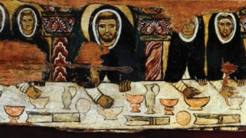 “St Dominic at table with his brethren ” (mid- 13th century), Bologna’s Church of Santa Maria della Mascarella.
