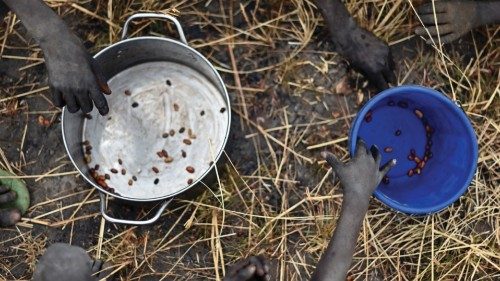 Children collect grain spilt on the field from gunny bags that ruptured upon ground impact following ...