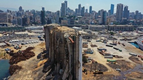 A picture taken with a drone shows a general view of the site of the Aug. 4, 2020 explosion in ...