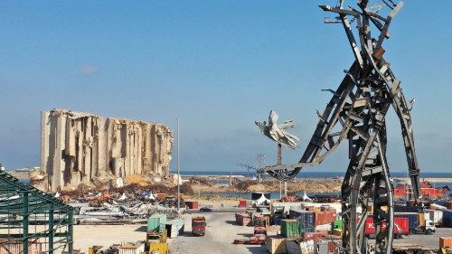 Drone view of "The Gesture", a 25- meter sculpture by Lebanese architect Nadim Karam to commemorate ...