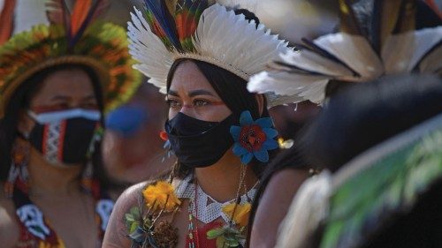 An indigenous woman from the Pataxo tribe is seen during a demonstration for the demarcation of ... An indigenous woman from the Pataxo tribe is seen during a demonstration for the demarcation of ...