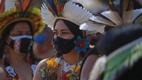 An indigenous woman from the Pataxo tribe is seen during a demonstration for the demarcation of ...