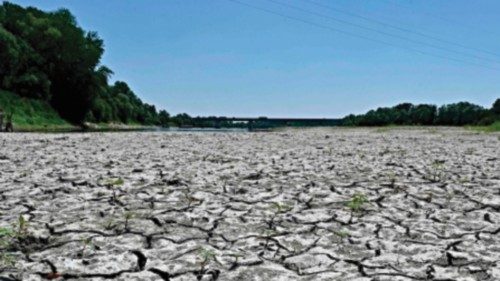 A photo taken on July 5, 2022, show the dried-up river bed of the Po river, in the area of the ...
