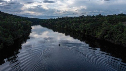 A drone view of the Manicore river, deep inside the Amazonia rainforest, Amazonas state, Brazil, on ...