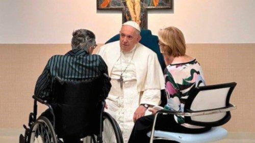 This photo taken and issued as a handout by the Vatican media on June 15, 2023 shows Pope Francis ...