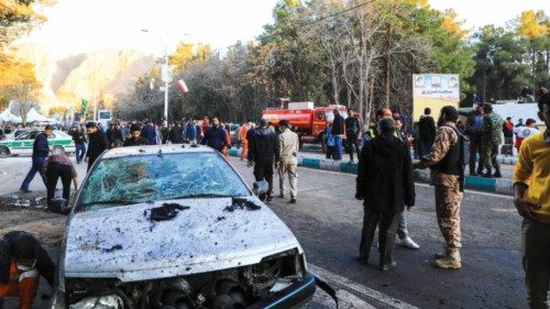 epa11055690 Damaged vehicles after explosions at a commemoration ceremony next to the tomb of Iran's ...