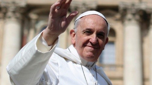 Pope Francis waves as he leads the weekly audience in Saint Peter's Square at the Vatican April 24, ...