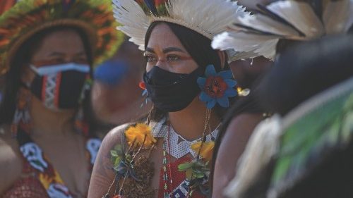 An indigenous woman from the Pataxo tribe is seen during a demonstration for the demarcation of ...