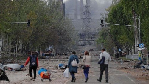 Smoke rises above a plant of Azovstal Iron and Steel Works during Ukraine-Russia conflict in the ...