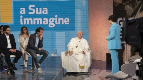 Pope Francis appears at 'In His Image' TV programme filming at Rai studios in Rome, Italy May 27, ...