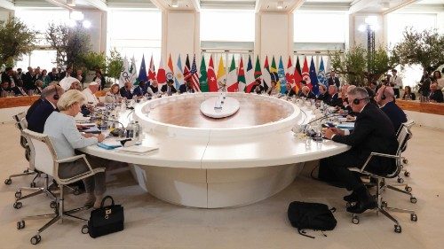 Pope Francis participates in a round table with G7 leaders and state leaders outreach during the ...