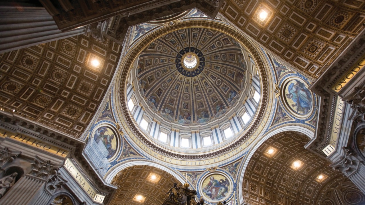 Details of the ceiling, dome and Bernini Baldacchino or Baldaquin at St Peter's Basilica or Basilica ...