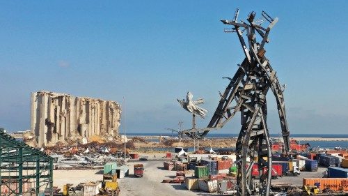 Drone view of "The Gesture", a 25- meter sculpture by Lebanese architect Nadim Karam to commemorate ...