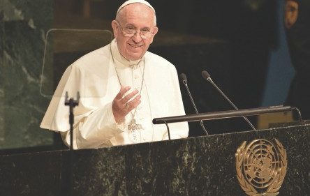 Pope Francis speaks during the 70th session of the United Nations General Assembly on September 25, ...