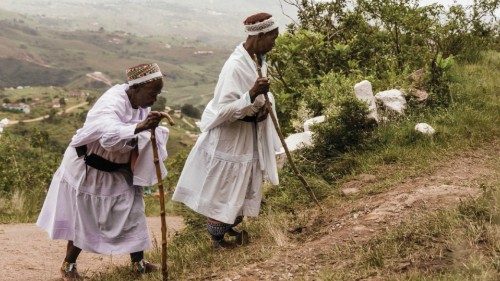 Two elderly followers of the Nazareth Baptist Church from the Ekuphakameni group also known as the ...