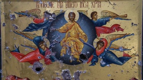 An Orthodox icon is seen at a compound of a church damaged during Russia's attack on Ukraine, is ... An Orthodox icon is seen at a compound of a church damaged during Russia's attack on Ukraine, is ...