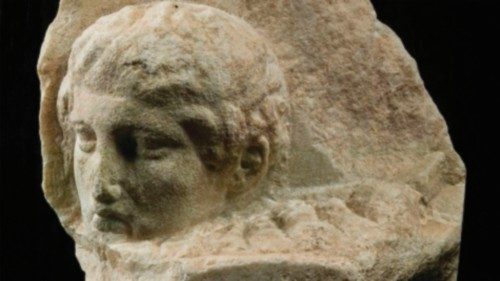 This photo handout on December 16, 2022 by the Vatican Museums shows a 438 - 432 a.C. head of a ...
