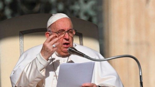 Pope Francis speaks during the weekly general audience on April 12, 2023 at St. Peter's square in ...