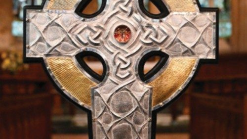 'The Cross of Wales' is displayed for a photograph ahead of a ceremony to bless the Cross at Holy ...