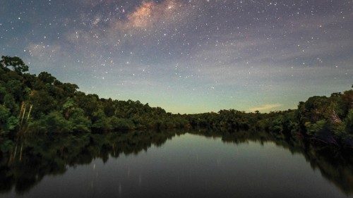 View of the night sky illuminating the Manicore river, located in the municipality of Manicore, ...