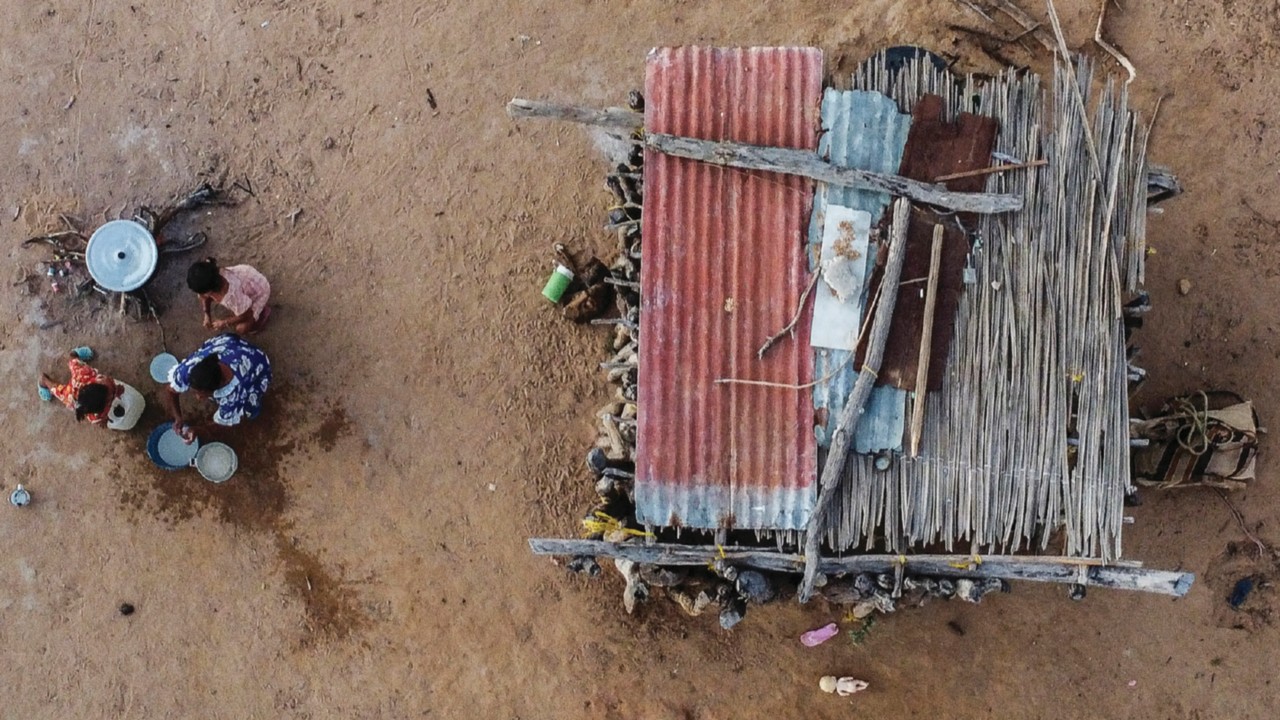 Aerial view of the house of indigenous Wayuu Beatriz Epieyu in the rural area of Manaure, in the ...
