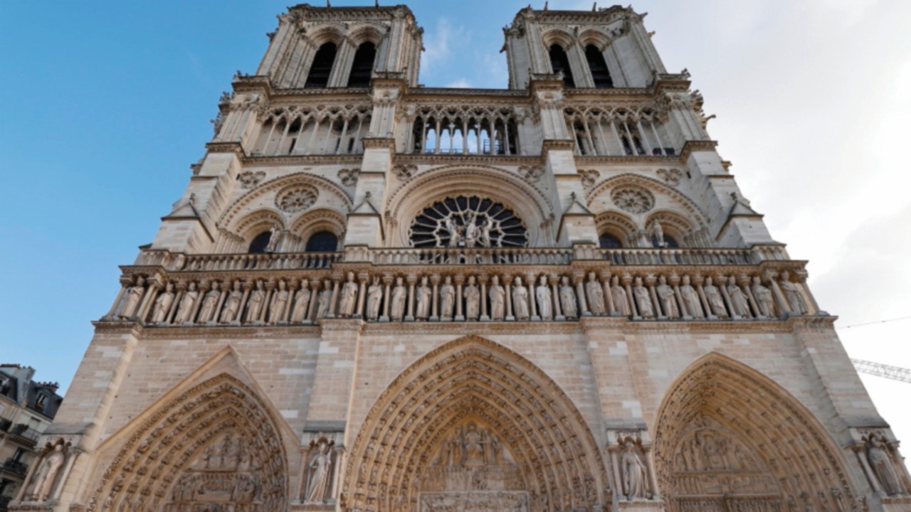 epa11762089 The facade of the Notre Dame de Paris cathedral, ahead of its official reopening ...