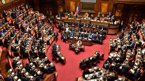 Italian Prime Minister Giuseppe Conte delivers a speech at the Italian Senate, in Rome, on August ...