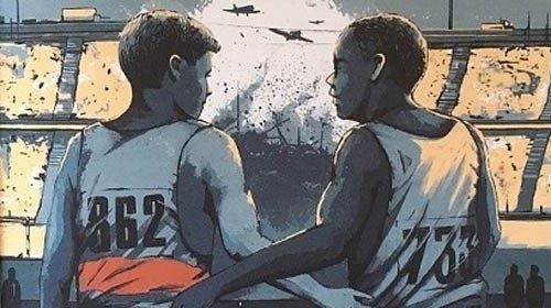 Luz Long e Jesse Owens in una tavola di Lorenzo Conti (da «Eterni secondi» di Rosario Esposito La Rossa, Einaudi Ragazzi, 2019).jpg