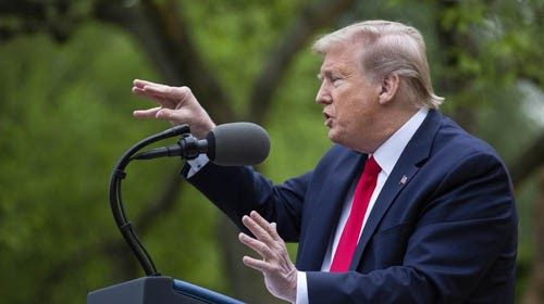 epa08363316 US President Donald J. Trump delivers remarks during a news conference in the Rose ...