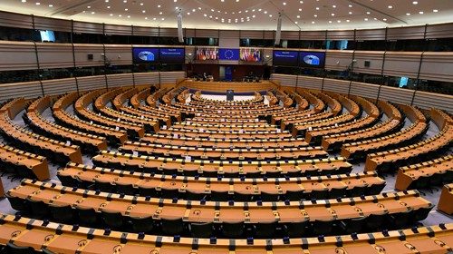 A picture taken on April 16, 2020 shows a view of the almost empty European Parliament in Brussels ... A picture taken on April 16, 2020 shows a view of the almost empty European Parliament in Brussels ...