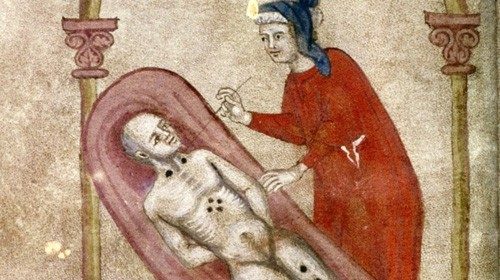 Medico al lavoro in un trattato del XIV secolo
