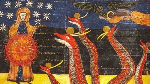 Una miniatura tratta da un codice del «Commentario all’Apocalisse» di Beato di Liébana (XI secolo) Una miniatura tratta da un codice del «Commentario all’Apocalisse» di Beato di Liébana (XI secolo)