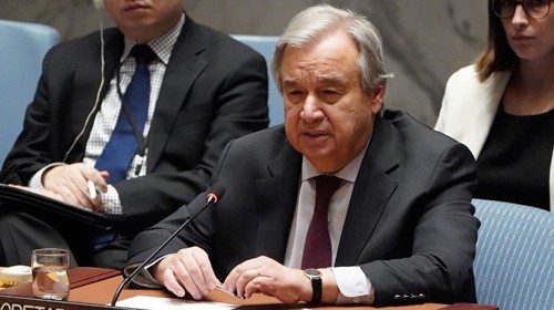 Il segretario generale dell’Onu Guterres durante una sessione al Consiglio di sicurezza (Reuters)
