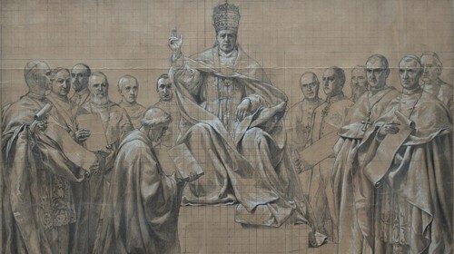 Dalla copertina del libro: l’immagine (appartenente a una collezione privata) riproduce il bozzetto dell’affresco nel duomo di Treviso raffigurante Pio X e personaggi del suo pontificatotra cui il Presidente dell’Unione Popolare Giuseppe Dalla Torre (il secondo a destra guardando il Papa) Dalla copertina del libro: l’immagine (appartenente a una collezione privata) riproduce il bozzetto dell’affresco nel duomo di Treviso raffigurante Pio X e personaggi del suo pontificatotra cui il Presidente dell’Unione Popolare Giuseppe Dalla Torre (il secondo a destra guardando il Papa)